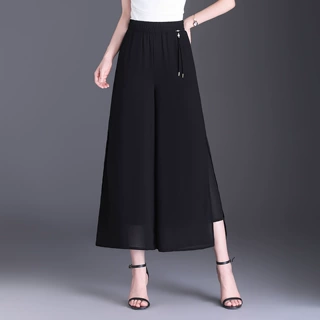 开叉裙裤女2026夏季薄款高腰宽松垂感显瘦雪纺阔腿九分裤子