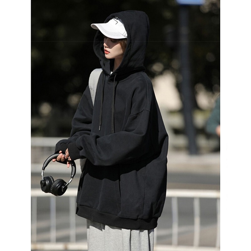 Pure Black 300g Heavyweight Hoodie for Men and Women, Spring and Autumn Season, Japanese-Style Loose American Couple's Jacket, Size 3XL Pure Black 300g Heavyweight Hoodie for Men and Women, Spring and Autumn Season, Japanese-Style Loose American Couple's Jacket, Size 3XL