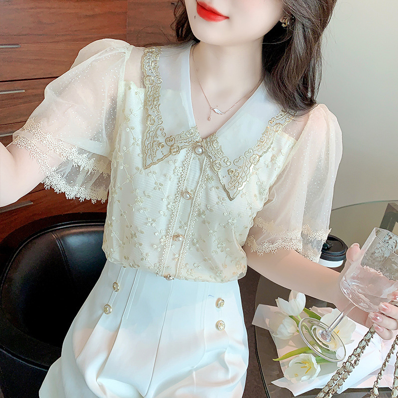 2026 Summer Heavy Embroidery Beading Hollow-Out Unique Chic Lace Short-Sleeve Top Shirt for Women Socialite Style Versatile 2026 Summer Heavy Embroidery Beading Hollow-Out Unique Chic Lace Short-Sleeve Top Shirt for Women Socialite Style Versatile