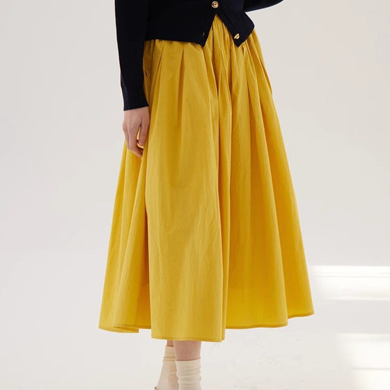 Sullenger 25 Spring Bright Yellow Skirt Xinjiang Long-pile Cotton Elasto Pleated Large Umbrella Skirt