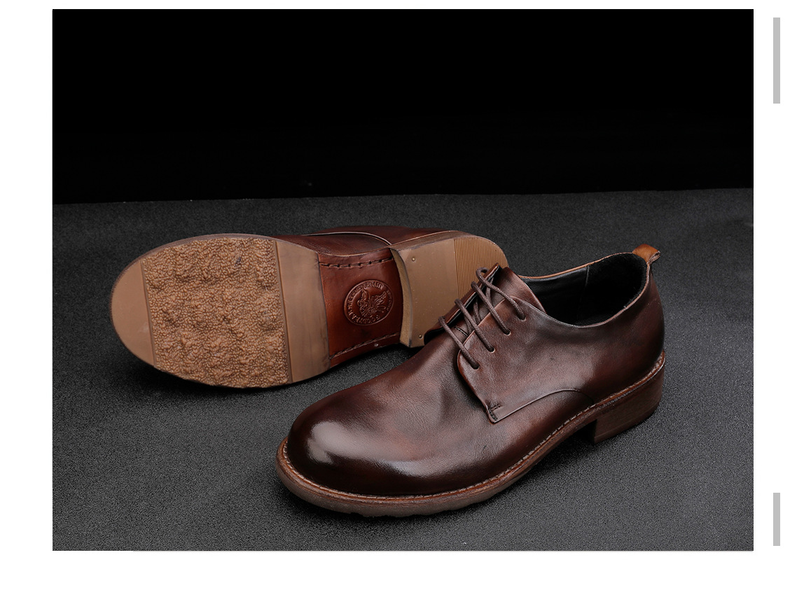 Chaussures en cuir à lacets pour hommes, semelle extérieure en cuir, tête ronde, décontractées, couche de tête, cuir de vache, couleur unie_voghion.com
