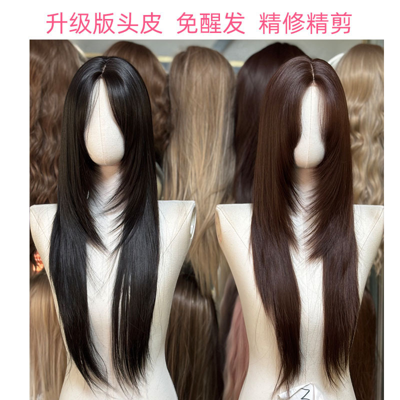 Wig for Women with Long Hair, Medium Parted Bangs, Full Headgear, Small Lace, Natural Fashionable Elegant, Realistic Long Straight Hair Wig Set