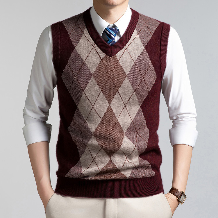 6 Wool Knitted Vest for Men, Middle-Aged and Elderly, Autumn and Winter, 350g, Fashionable Diamond Pattern, Thickened V-Neck Sweater Vest