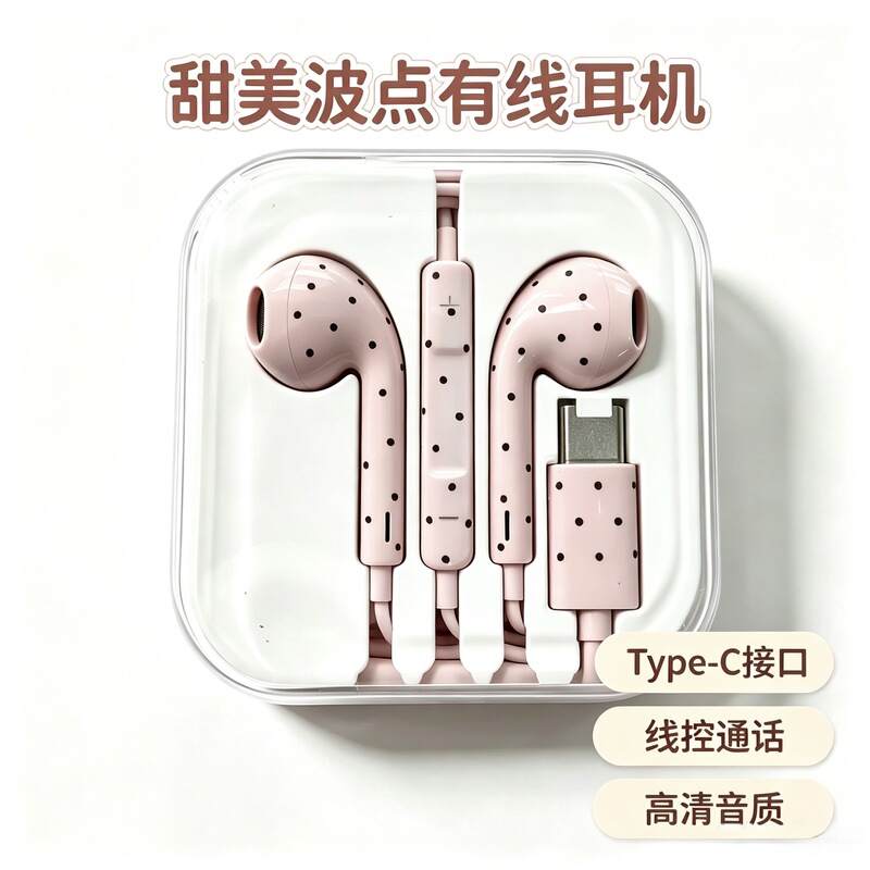 Water Transfer Printing Polka Dot Star Pattern Cartoon Design Wired Digital Headphones with Microphone Type-C for Mobile Phones Water Transfer Printing Polka Dot Star Pattern Cartoon Design Wired Digital Headphones with Microphone Type-C for Mobile Phones