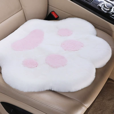 Ready-Made Car Seat Cushion Winter Plush Wool pad - white-pink-cat-claw