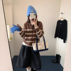 韩系复古简约条纹撞色长袖针织开衫女休闲连帽毛衣开衫上衣外套