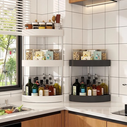 Corner Shelf for Kitchen Countertop, Household Non-Drilling Semi-Circular Wall Corner Triangle Shelf for Spice Bottles and Jars Storage Rack