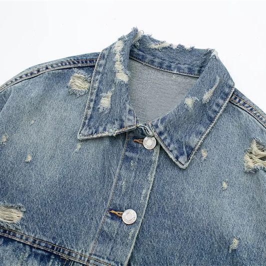 Women's Clothing Retro Collared Long Sleeved Denim Jacket Distressed Details Trendy Short Top For Autumn_voghion.com