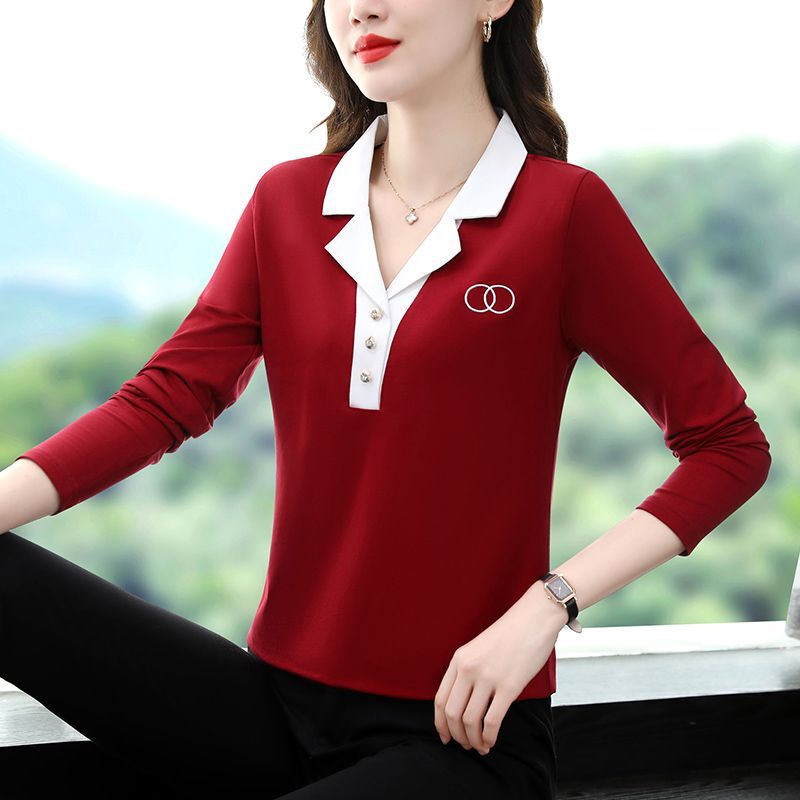 Autumn Women's Long-Sleeved T-Shirt with a Stylish Embroidered Suit Collar, Fashionable Blouse for Mothers, Tummy-Concealing and Slimming Top