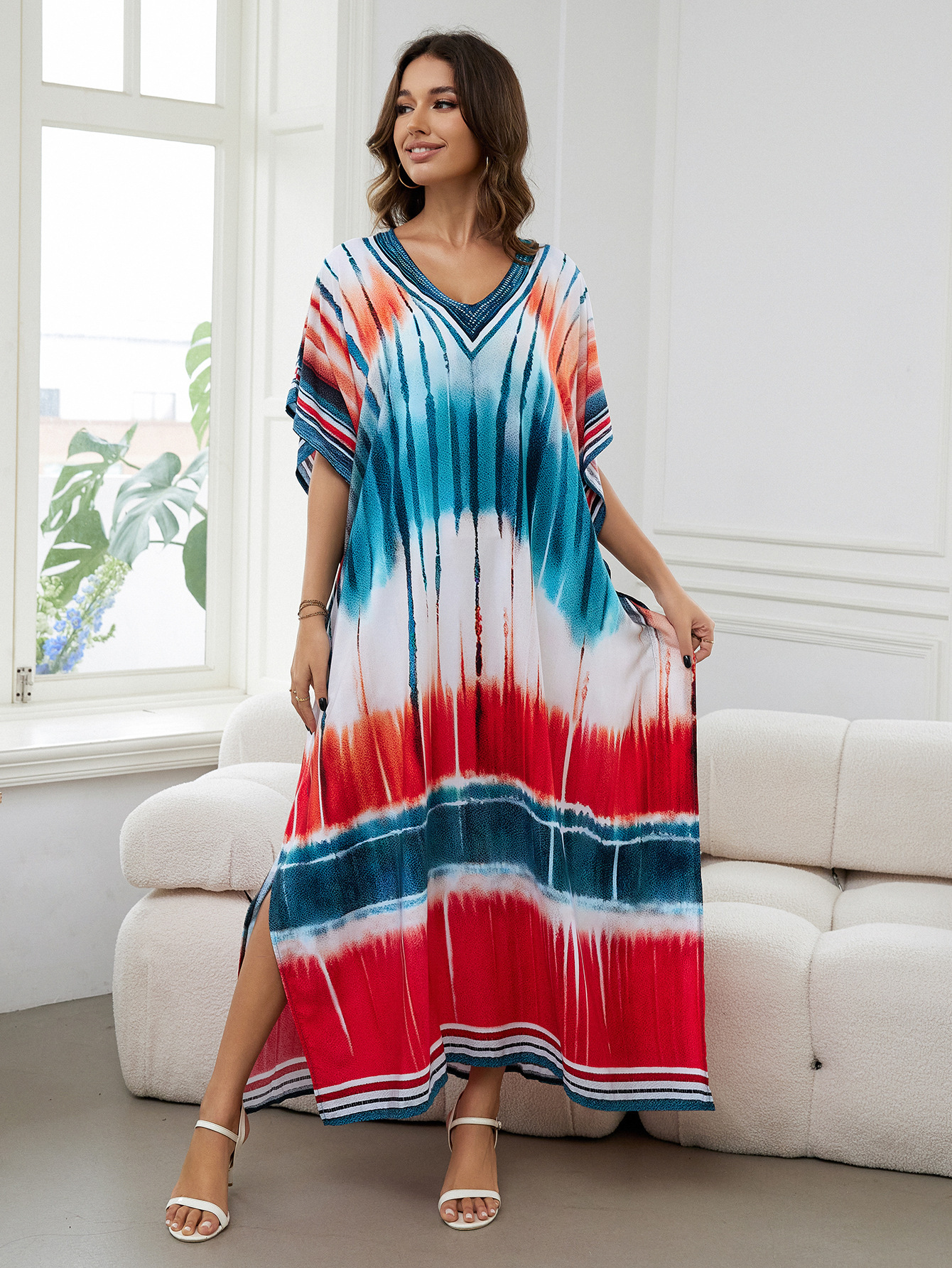Rochie de plajă lungă kimono dama boho viscoză tie-dye_voghion.com