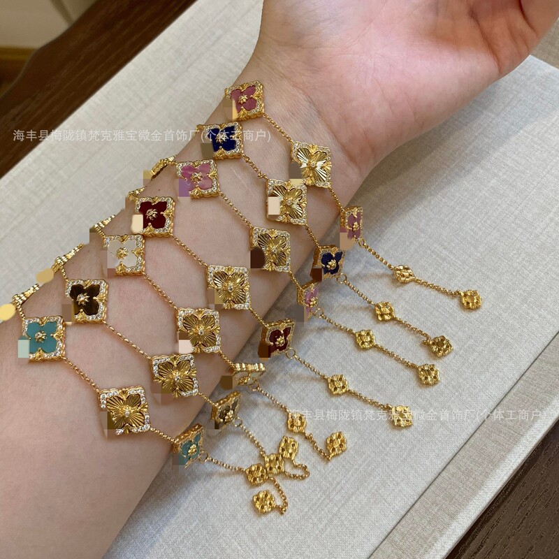 New Bucci Laser Five-Flower Bracelet for Women, High Version V Gold Inlaid with Diamonds, Tiger Eye Stone Amazonite Bracelet, Palace Retro
