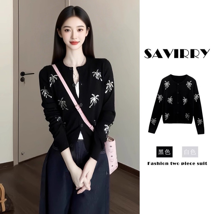 Niche Supply Black Sequin Embroidered Knitwear Cardigan Women's Autum Slimming Look Round Neck Long-Sleeved Top Knitwear
