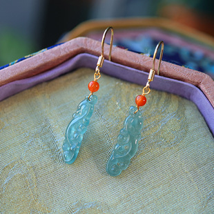 New Chinoiserie Natural A-Grade High Ice Jade Earrings Blue Water Old Material Cut Out Earrings Women's National Style 14K Dragon Brand Earrings