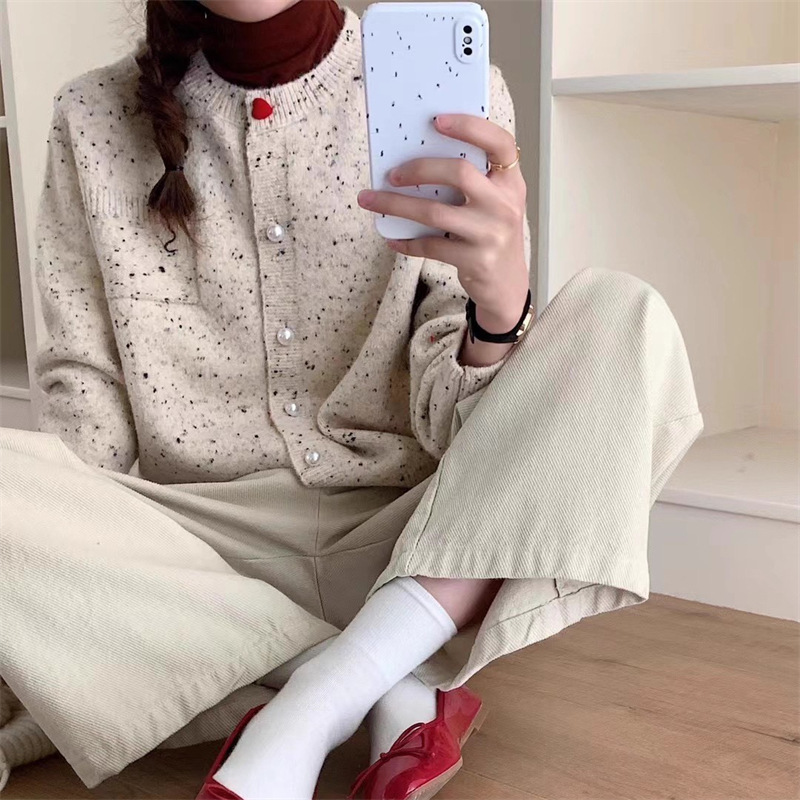 韩系复古彩点爱心刺绣针织开衫女秋冬新款宽松显瘦圆领毛衣女外套|undefined