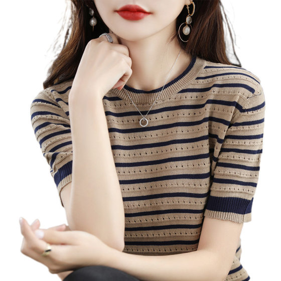 Ice Silk Short-sleeved T-shirt Women's Summer Korean-style New Color Matching Striped Hollow Round Neck Loose All-match Thin Sweater for Women