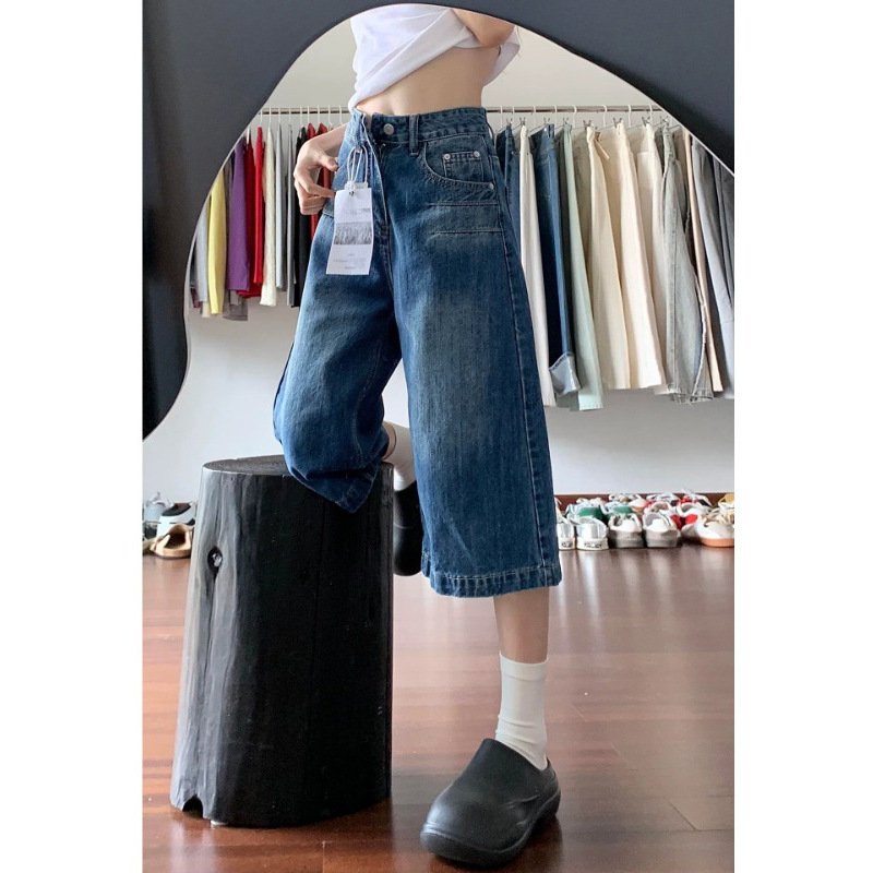 American Retro Denim Cropped Pants for Women, Summer Thin Straight-Leg Style, Petite Plus Size, Slimming Loose Wide-Leg Pants American Retro Denim Cropped Pants for Women, Summer Thin Straight-Leg Style, Petite Plus Size, Slimming Loose Wide-Leg Pants