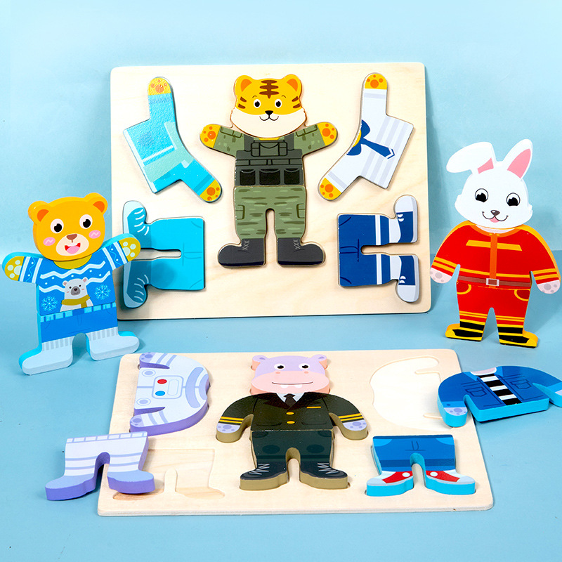 Ropa animal tridimensional para niños que cambia rompecabezas de madera apósito educativo bloques de construcción niños y niñas educación temprana juguetes educativos