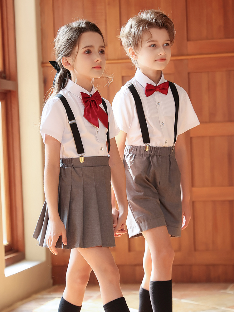 Trajes de interpretación de coro de verano para niños, trajes de tirantes de estilo británico para escuelas primarias y secundarias, uniformes de jardín de infantes, uniformes de clase de graduación