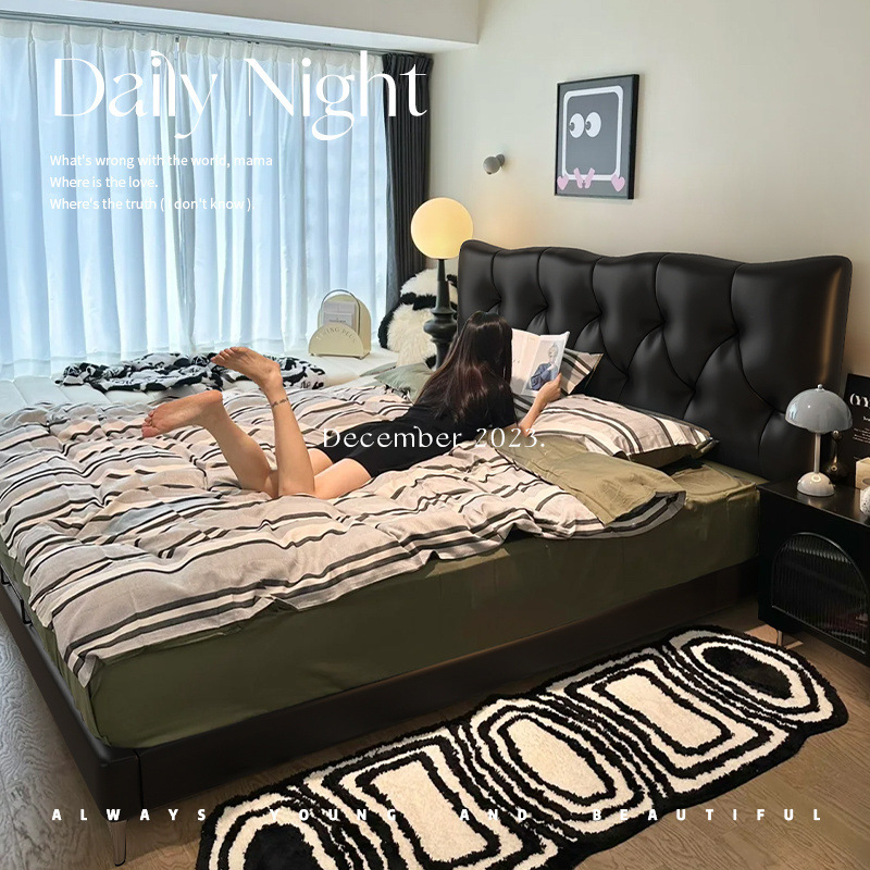 意式极简黑色皮床主卧高端大气双人床现代简约新款软包床佛山家具