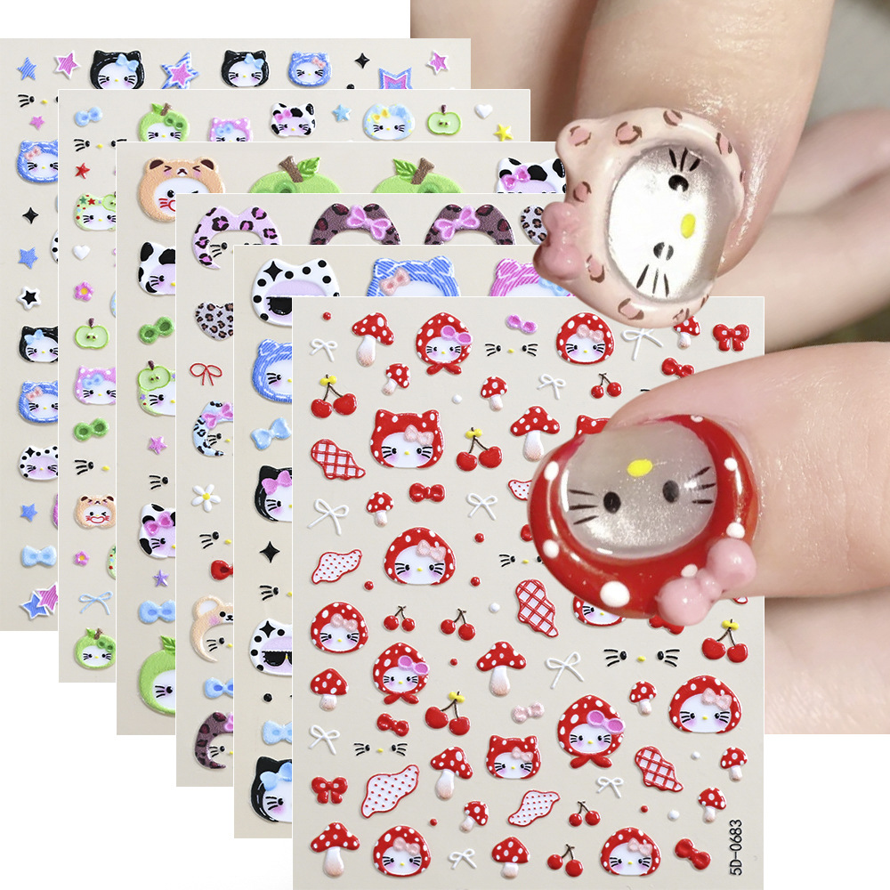 Shopee Hot Selling Embossed Kt Cat Manicure Stickers Cute Leopard Print Apple Mushroom Cowboy Headgear Kitty Nail Stickers