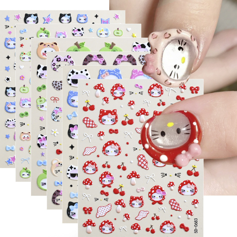Shopee Hot Selling Embossed Kt Cat Manicure Stickers Cute Leopard Print Apple Mushroom Cowboy Headgear Kitty Nail Stickers