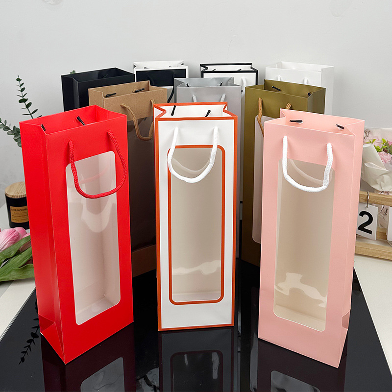 En stock bolso de vino tinto ventana transparente bolsa de regalo blanco tarjeta rectangular bolsa de regalo ramo bolsa de papel de embalaje al por mayor