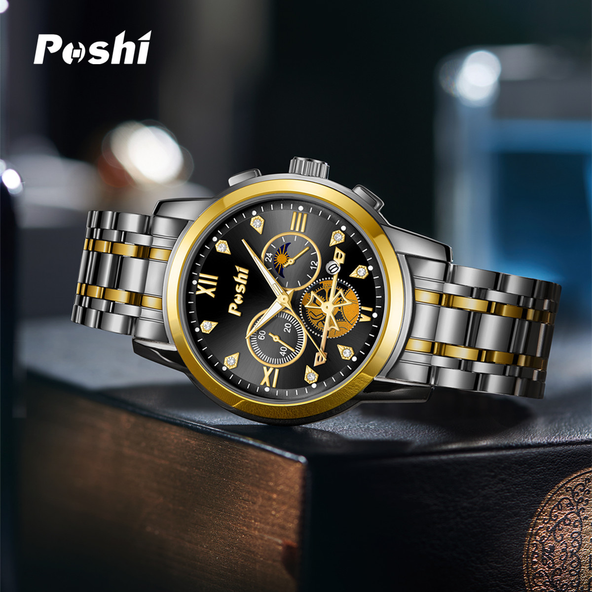 POSHI tourbillon de acero inoxidable reloj multifuncional mecánico no automático para hombres de negocios reloj luminoso para hombres impermeable