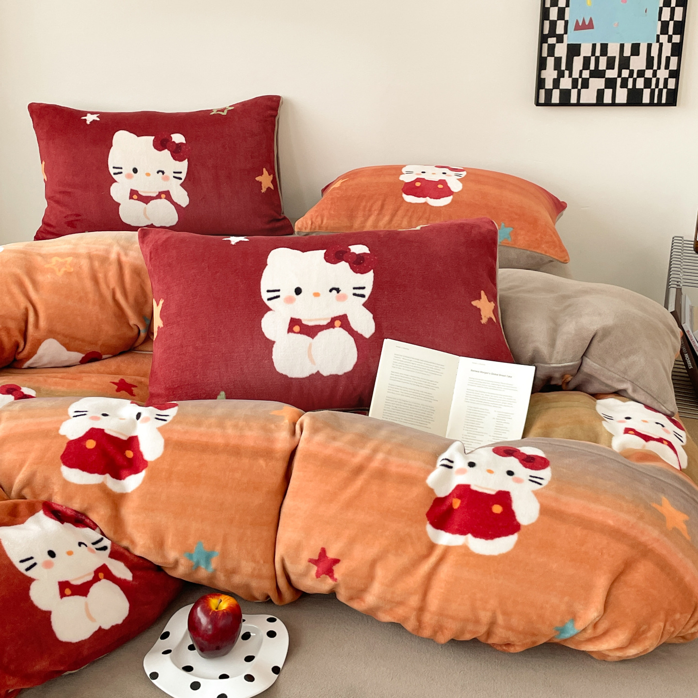 Cuatro piezas de terciopelo de leche de dibujos animados retro grueso calentamiento terciopelo de coral encantador dormitorio cubierta de cama de tres piezas de cuatro piezas cubierta de edredón