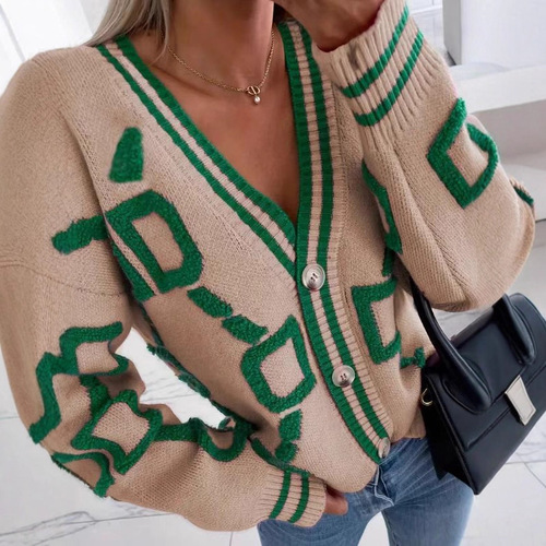 Amazon Terry Towel Jacquard V-Neck Knitted Cardigan | 2025 Autumn New Arrival Women's Sweater in European & American Style for Cross-Border Trade