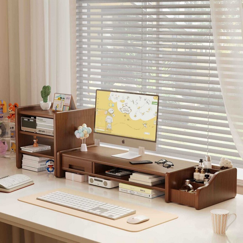 Desktop Computer Elevated Stand with Drawer, Home Office Desk Organizer, Monitor Riser Stand