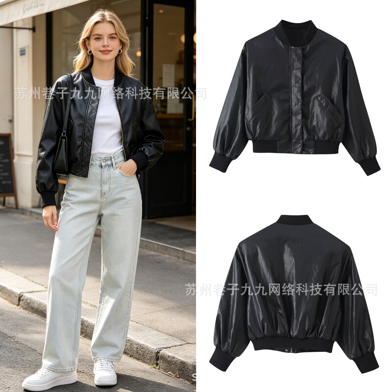 Export order! AliExpress cross-border wholesale of fashionable European and American women's leather-effect padded shoulder bomber jackets Export order! AliExpress cross-border wholesale of fashionable European and American women's leather-effect padded shoulder bomber jackets