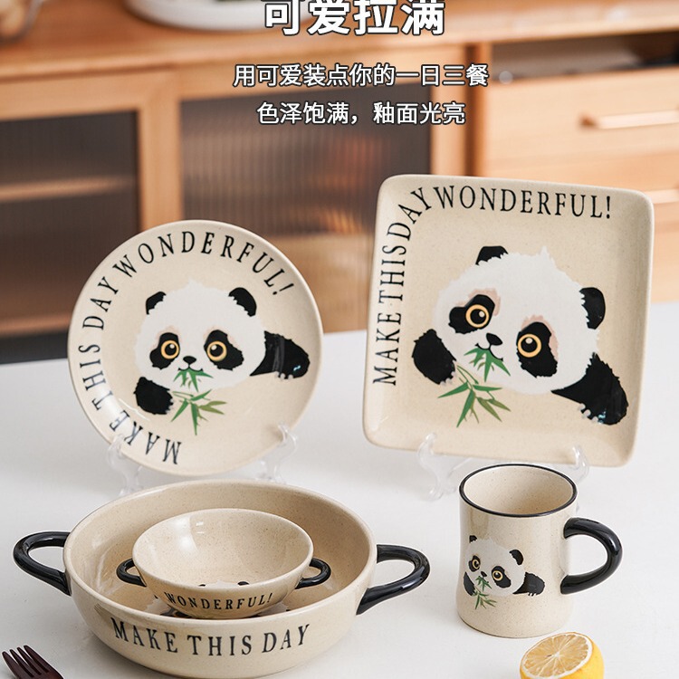 Hua Fu & Xue Doll Joint Hand-painted Coarse Pottery Creative Panda Ceramic Tableware Set Household Rice Bowl Bowl Cup