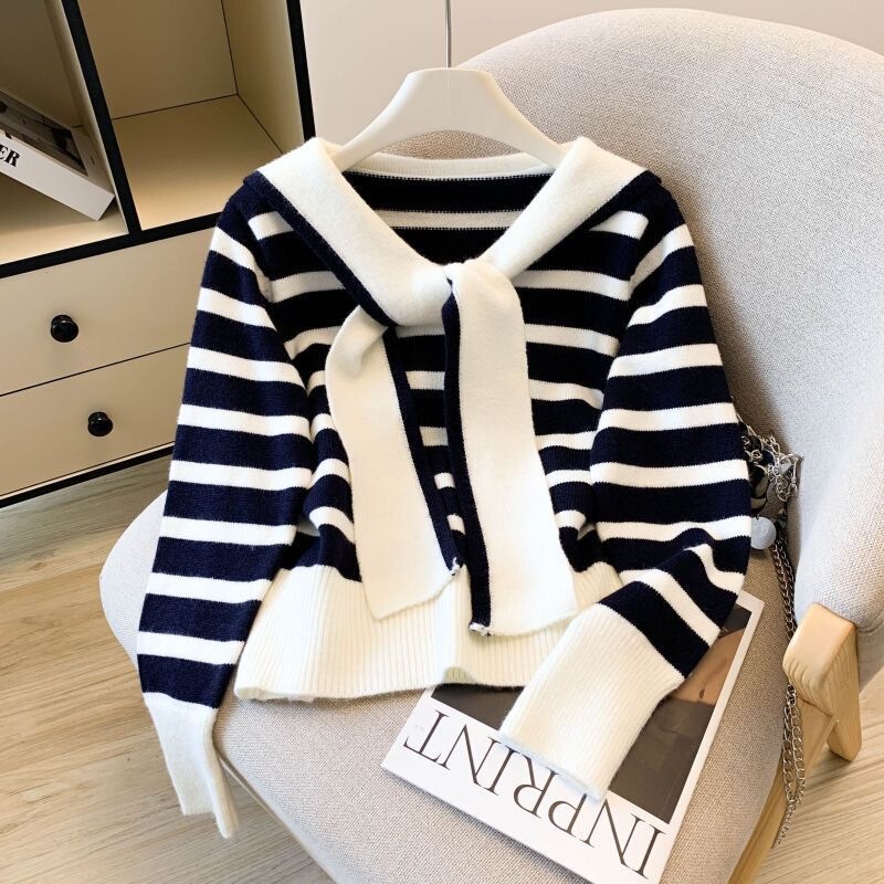 Gentle and sweet autumn new vintage navy collar striped versatile knit sweater for women, elegant long-sleeved top, trendy Gentle and sweet autumn new vintage navy collar striped versatile knit sweater for women, elegant long-sleeved top, trendy
