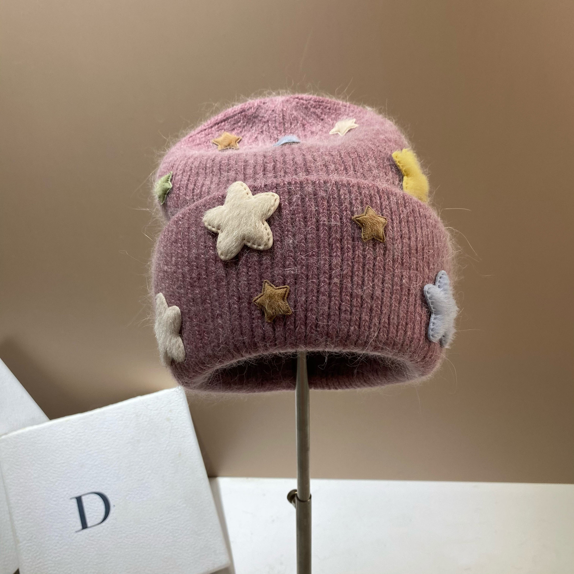 Gorro beanie de punto para mujer de pelo de conejo invierno_voghion.com