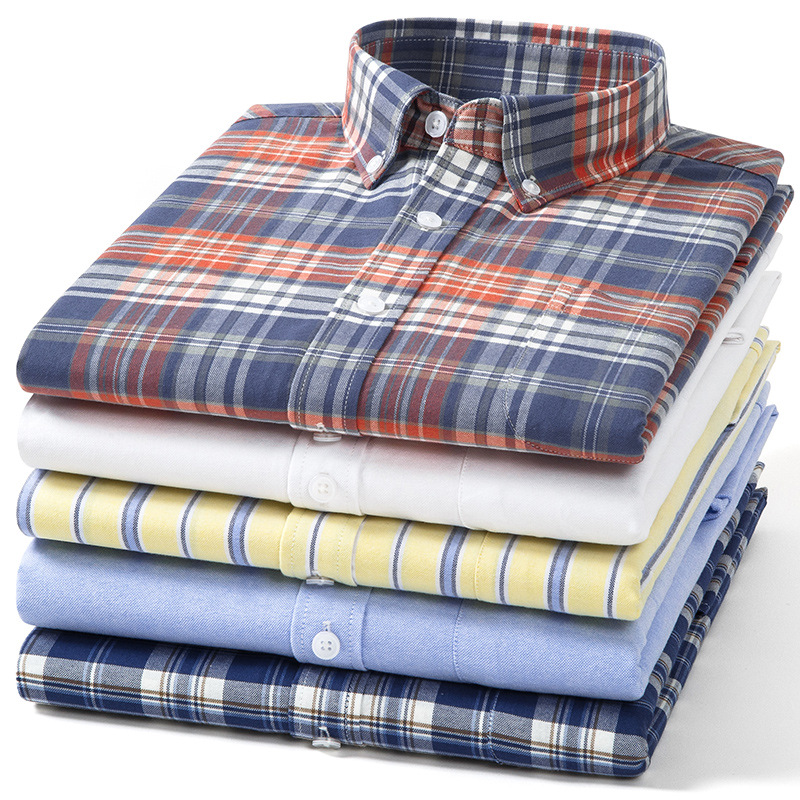 【100%纯棉】长袖牛津纺衬衫格纹男长袖时尚百搭复古衬衣大码全棉