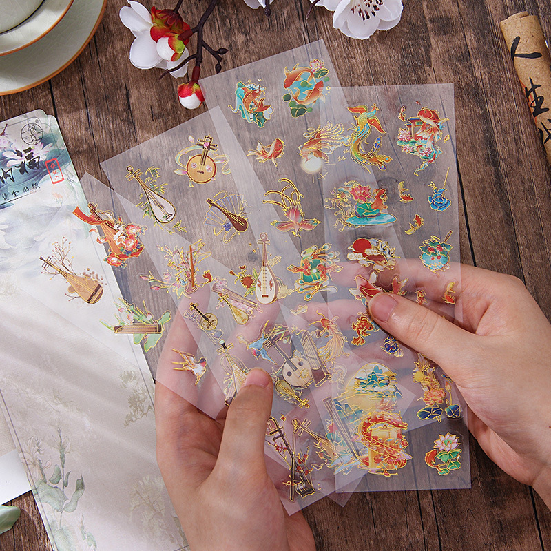 Antiguo estilo transparente estampado pegatinas impermeables pet diy pegatinas de diario de contabilidad pegatinas de pintura de paisaje de estilo chino