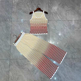 法式高端25早春夏新款彩条波浪纹针织弹力背心+长裤洋气套装女