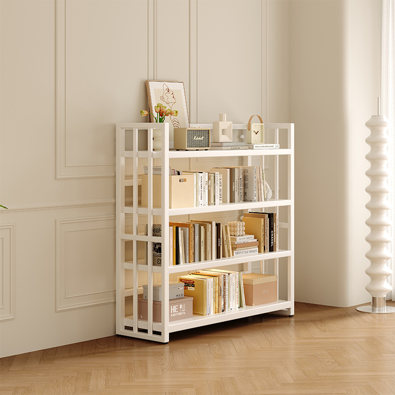 Cream Style Steel Bookcase Children's Bookshelf Living Room Storage Iron Display Shelf Storage Rack Floor-Standing Integrated Wall
