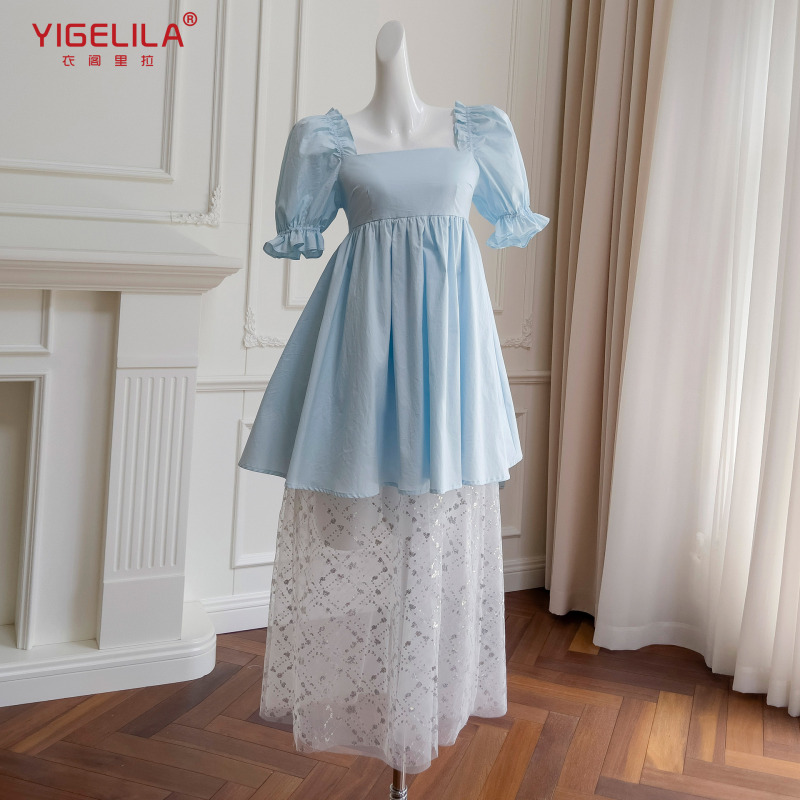 Fairy Elegant Puff Sleeve Square Neck High Waist Dress Fashionable Women's French Lady Style Splicing Long Skirt 68772