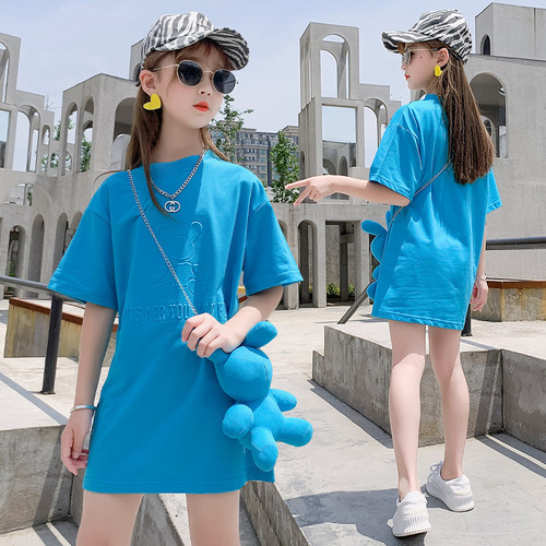  Summer New Girls T-shirt Summer Clothes for Big Kids Korean Style Mid-Long Loose Doll Shoulder Bag Bottoming Shirt