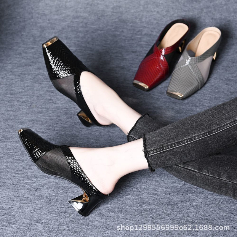 Foreign Trade Thick-Heeled Sandals for Women, Summer New Style, Stylish Toe-Cap Half Slippers for Women, Versatile Square-Toe Mesh Mule Shoes