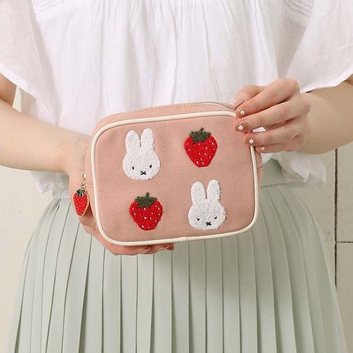 Japanese Miffy Strawberry Cartoon Cute Pink Square Makeup Storage Bag Portable Embroidered Fashion Lipstick Bag