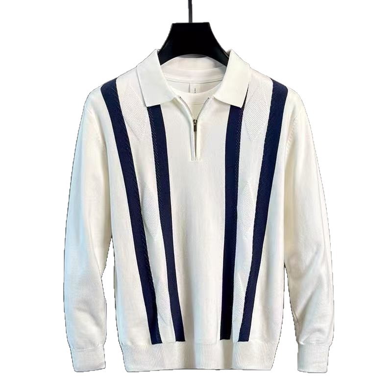 Polo camisa de punto camisa de manga larga suéter hombre solapa media cremallera vieja primavera y otoño rayas fábrica transfronteriza al por mayor