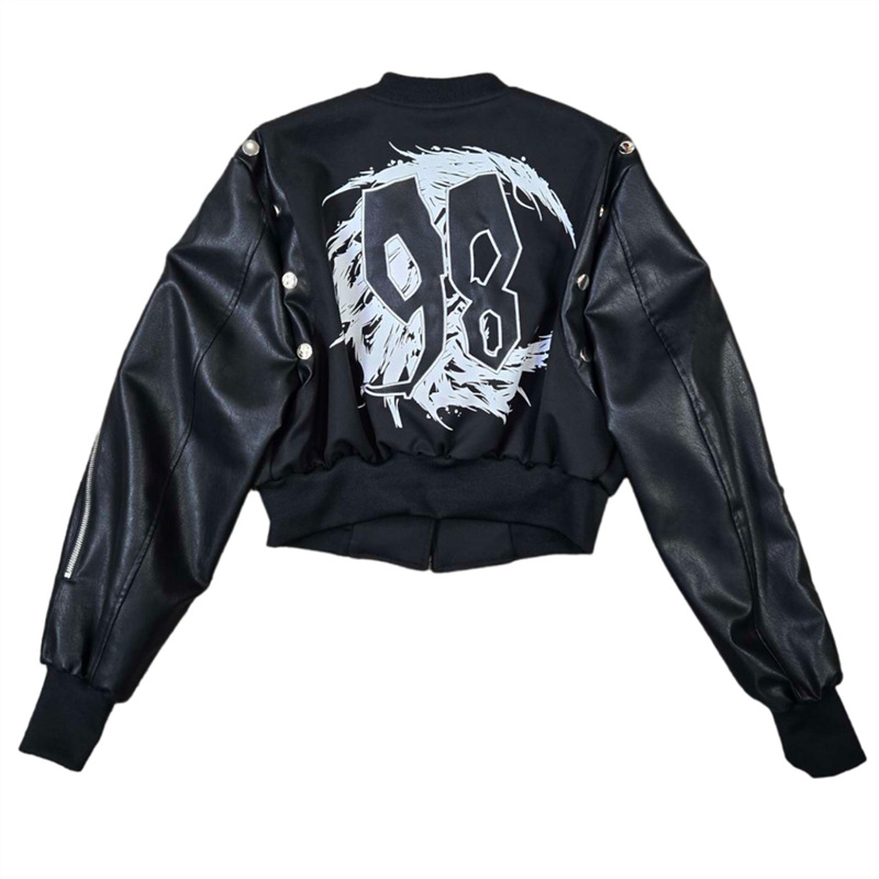 Chaqueta de Béisbol con Cuero para Mujer de Piel Sintética PU Cierre de Cremallera, Bordado