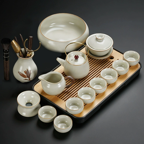 Mihuang Ru kiln hometown Tiliang pot lid bowl with eight cups of tea channel tea washing 14 pieces+rectangular black tea tray