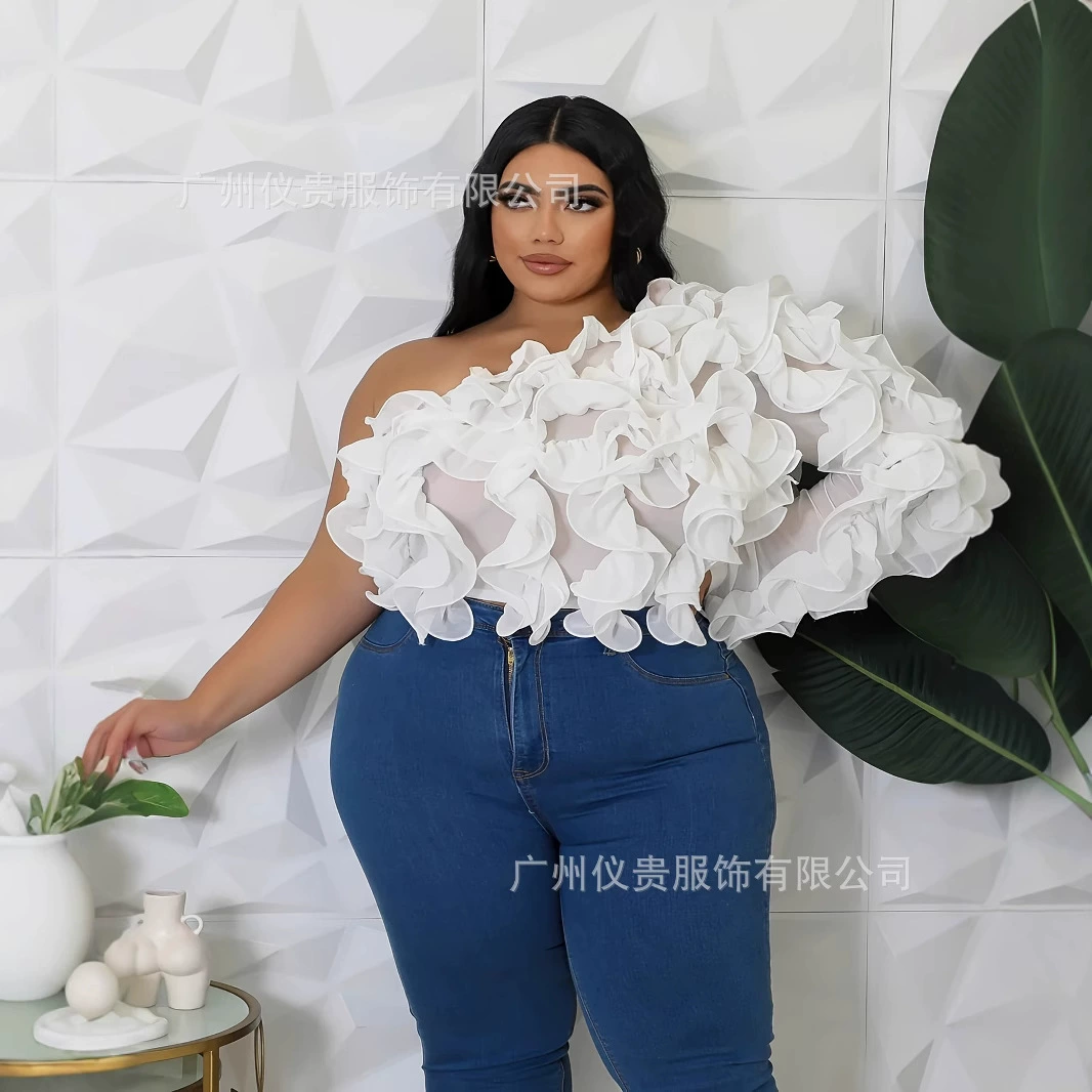 Внешняя торговля, трансграничная мода Amazon больших размеров, модные топы, женские элегантные короткие топы больших размеров с наклонными плечами и рюшами