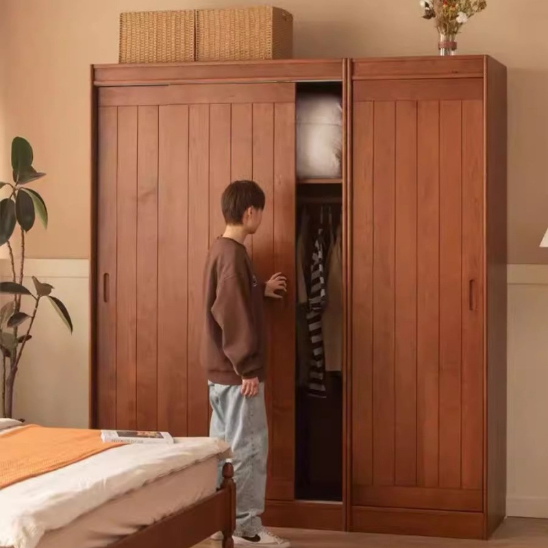 Nordic Solid Wood Wardrobe Home Small Apartment Sliding Door Clothing Storage Cabinet Bedroom Second-Hand Sliding Door Floor-Standing Storage Cabinet