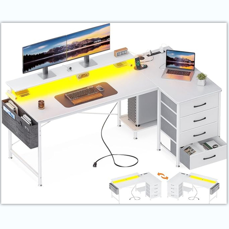 63inch L Shape with 4 Drawers,Gaming Computer Desk with Led Light and USB Sockets