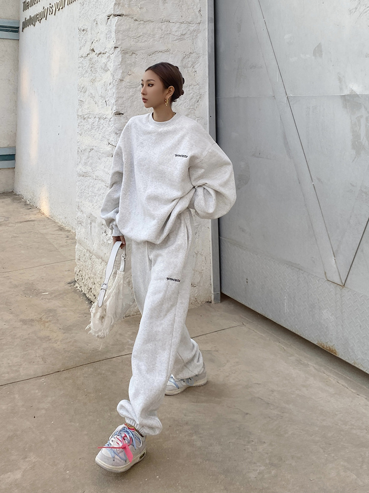 001 American Style Trendy Gray Sweatshirt Set For Women, Spring, Autumn, Winter, Thin Loose Lazy Casual Jogger Pants_voghion.com