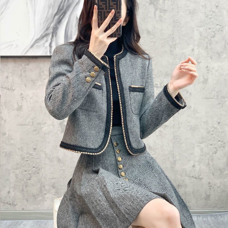 短外套新款长袖时尚两件套减龄圆领百搭高腰显瘦半身裙小香风套装|undefined